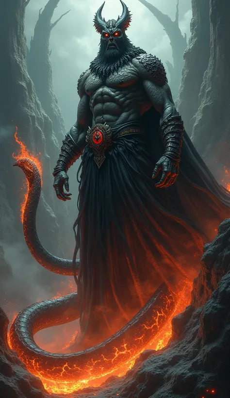 A fearsome hybrid beast ruling over the underworld, merging the dark power of Hades with the sinuous form of a Serpentine creature. The upper body resembles Hades, with a muscular frame cloaked in flowing black robes that seem woven from shadows. His face ...