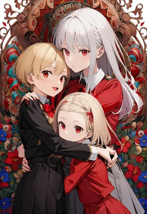 185cm white-haired, red-eyed man hugging a young woman with short blond hair of medium length and red eyes. Generally,, wear a red ribbon, tied with a bow on the left side of her hair wearing a red Lycoris Recoil school uniform 