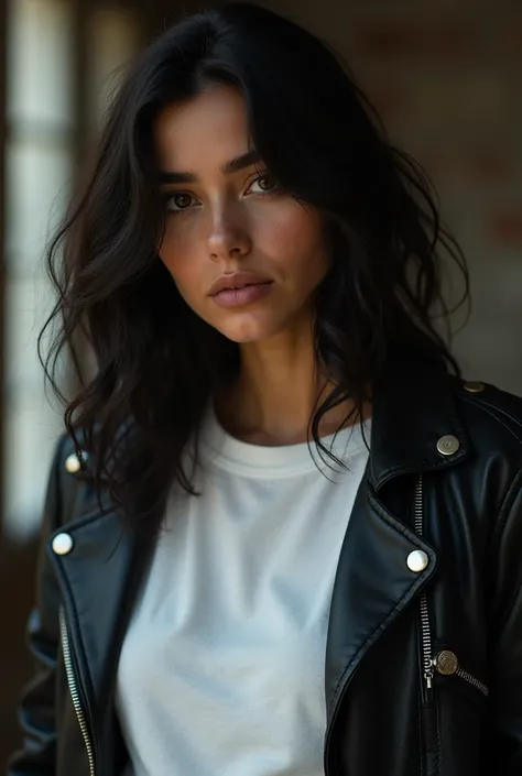  17-year-old girl with brown eyes full lips profiled nose wavy black hair good musculature brown complexion,  leather jacket that your facial expression expresses love and at the same time inspires fear, And angelic in a white sweatshirt and a leather jack...