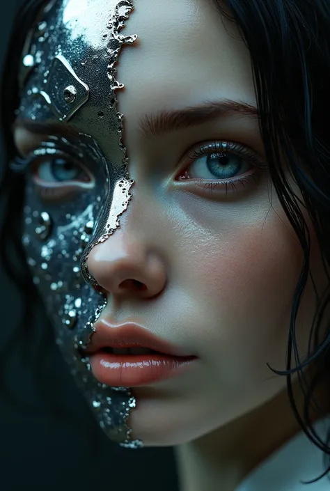 Mesmerizing close-up portrait of female face, A unique dichotomy. The left side is smooth, Liquid Metal Machinery, Drips and flows dynamically like a living entity. Fluid metal glitters，reflection, Creating the illusion of depth and movement. right side of...