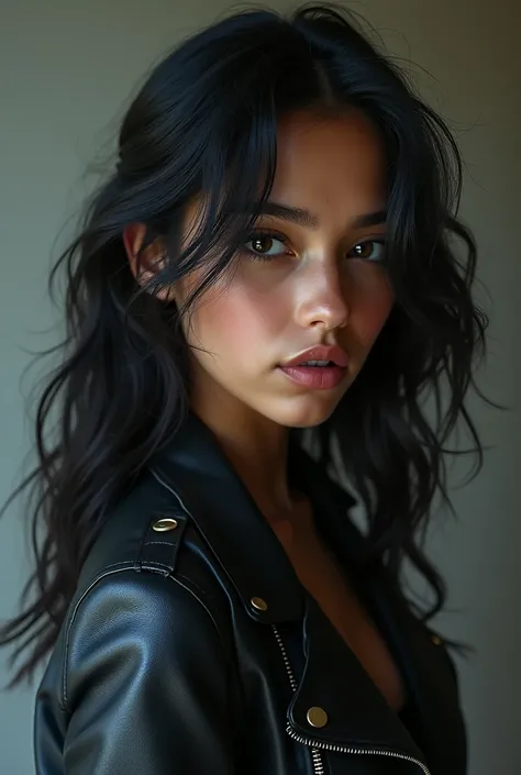  17-year-old girl with brown eyes full lips profiled nose wavy black hair good musculature brown complexion,  leather jacket that your facial expression expresses love and at the same time inspires fear, and angelic 