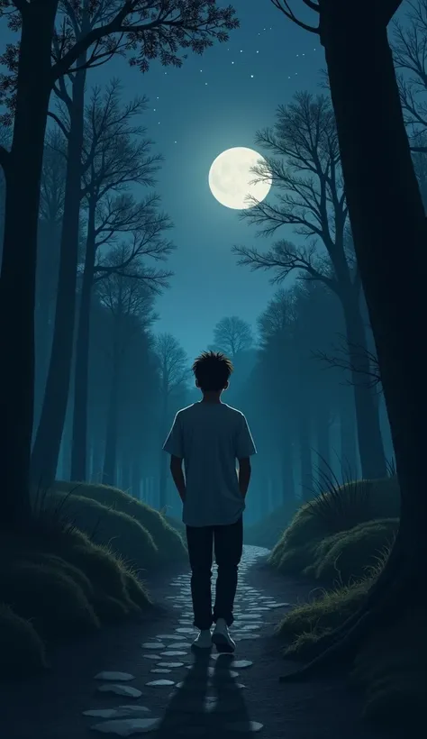 The boy (18 year)(sad)(alone)(night time)(forest track)(going outside walking)(hands in his poket)(moon and star)