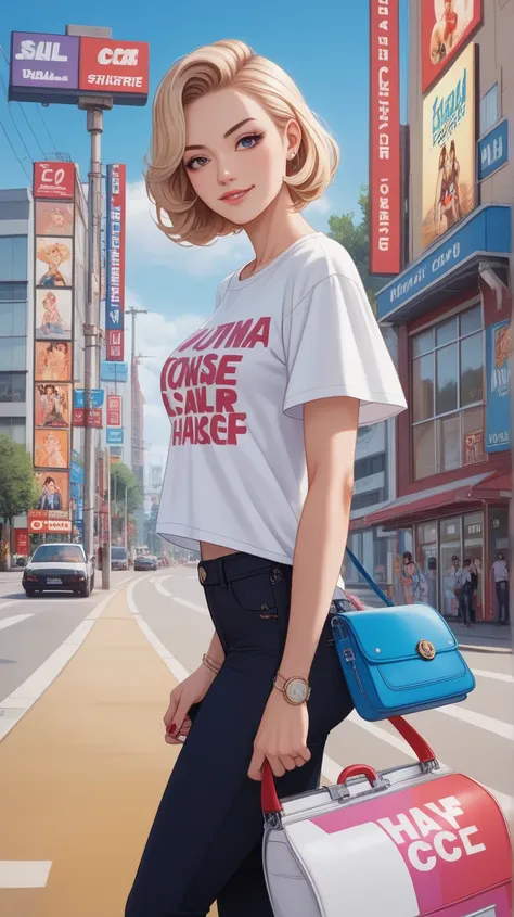 cosmetics advertising posters art, cool beauty, perfect proportions, wearing white half-top T-shirt,best quality,((masterpiece, best quality, ultra-detailed, very fine 8KCG wallpapers)), japan animestyle,anime,japanese,1girl, Alone,streetdance,hiphop,backg...