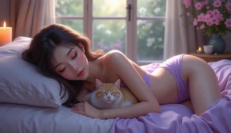 (best qualityer, high resolution:1.2), realistic, colorful lighting,beautifully detailed eyes, long eyelashes, beautifully detailed lips, brown hair, voluptuous Asian woman sleeping, her head on the pillow, big breast, dream-like atmosphere, soft pillows, ...