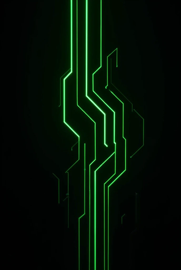 "Create an abstract green circuit board design with glowing traces on a completely flat, pure black background (RGB: 0,0,0). The traces must be consistently bold, sharp, and uniform, with a thickness equivalent to 40cm relative to the canvas. Avoid any blu...