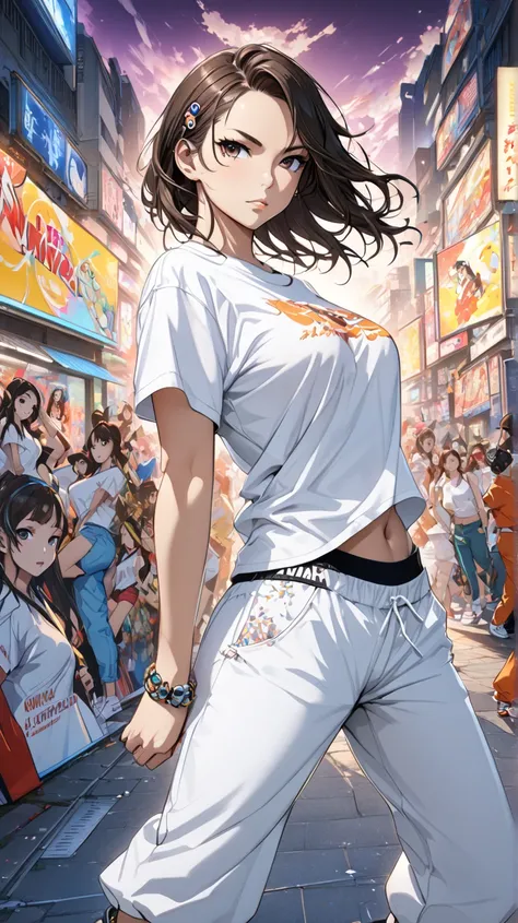 cosmetics advertising posters art, cool beauty, perfect proportions, wearing white half-top T-shirt,best quality,((masterpiece, best quality, ultra-detailed, very fine 8KCG wallpapers)), japan animestyle,anime,japanese,1girl, Alone,streetdance,hiphop,backg...