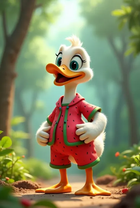 A happy duck, With watermelon clothes,  in front , no meio de uma floresta, with happy eyes, full body, animation,3d,disney,Pixar