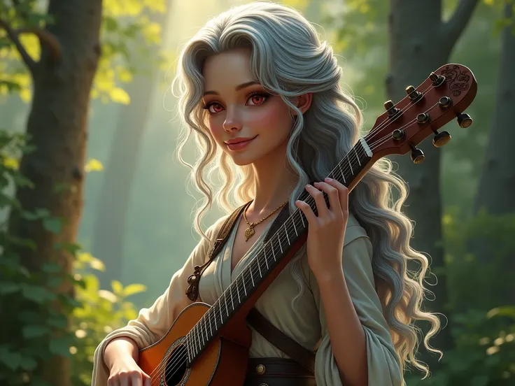 (Realism: 1.4), best quality, masterpiece, female, slim, muscular,, fair skin, long curly gray hair, red eyes, smile, bard, do not disturb, lute on back