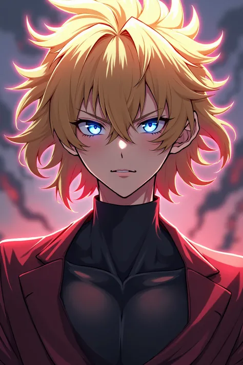 Create a male teenage anime character based on blonde shoulder length spiky hair with bangs and red tips intense blue eyes and regal facial appearance 