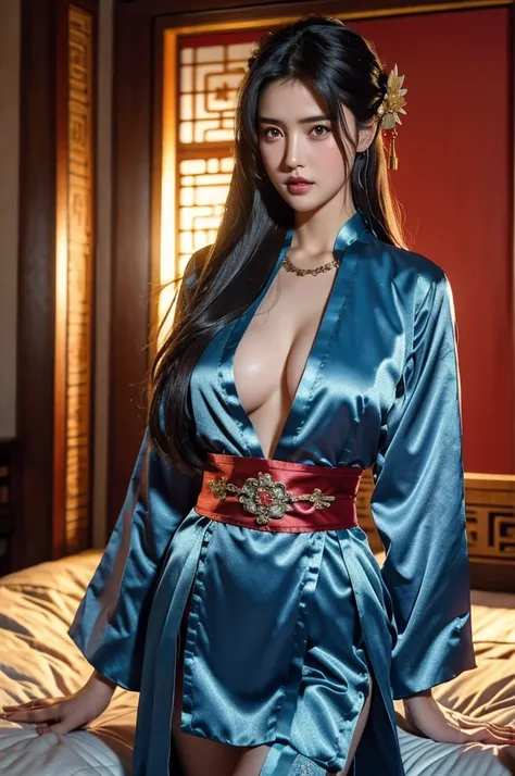 Photorealistic, high resolution, 1 woman, facial mix of phoebe cates, breast, deep cleavage, detailed abs, Hips up, see-trought uniform,Beautiful eyes, Long hair, ringed eyes, jewelry, tattoo, Hanfu, Chinese fairy,torn Taoist uniform,embarrassed by the man...