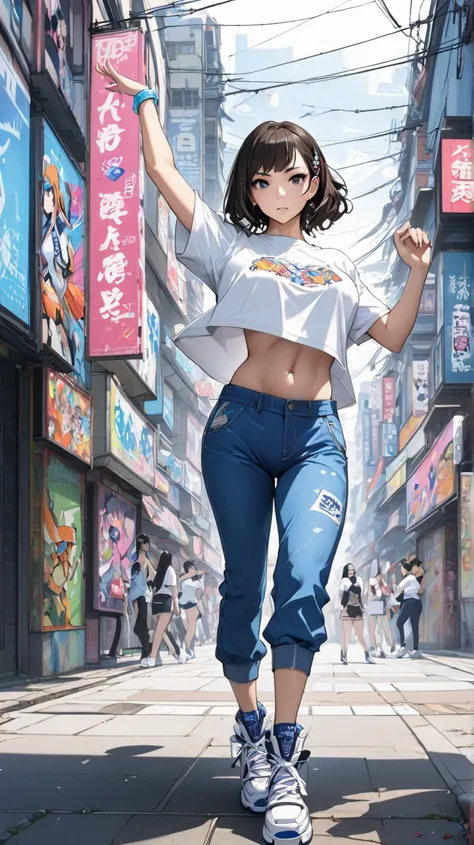 cosmetics advertising posters art, cool beauty, perfect proportions, wearing white half-top T-shirt,best quality,((masterpiece, best quality, ultra-detailed, very fine 8KCG wallpapers)), japan animestyle,anime,japanese,1girl, Alone,streetdance,hiphop,backg...