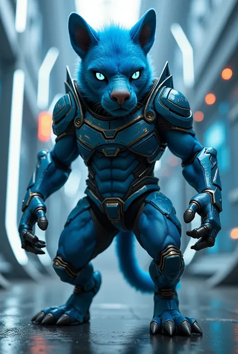 Humanoid blue lion alien wearing futuristic armour