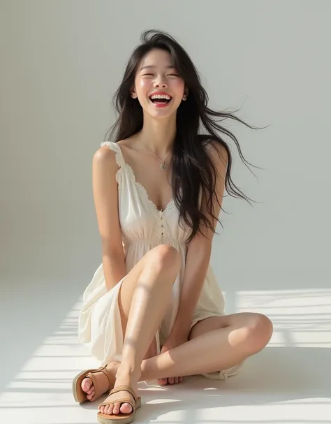 (Top Quality, Masterpiece: 1.2), Photorealistic、Lightweight dress、Sandals、 sitting with legs extended、 is laughing a lot、Korean beauty with long hair 20 years old , Photo Studio、 Gravure Shooting 