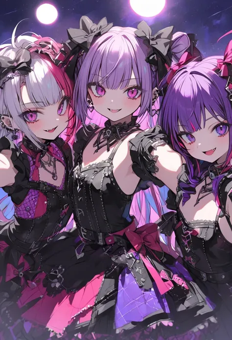 posing,(3 gothic lolita punk girls,idol),flat chest,(colorful moonlight:1.2)