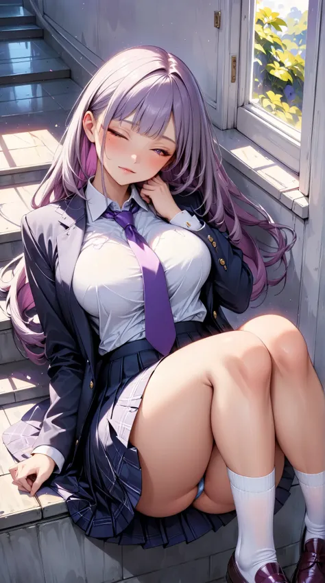 One young and beautiful woman,(masterpiece, top quality, very detailed depiction, Incredibly Absurd High Definition ),(student服, High School Uniform Blazer ,Uniform shirt, high school uniform long skirt,Purple tie, high socks,Shoes),(student, purple eyes, ...