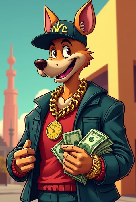 A cartoon holding dollars in gold chain and rolex