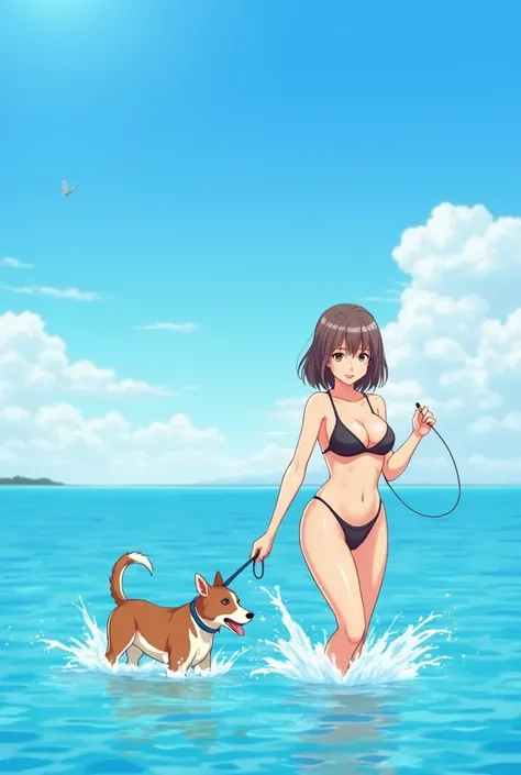 anime girl in a bikini with a dog in the water, an anime drawing by Kentaro Miura, pixiv, shin hanga, seductive anime girl, anime girl walking on water, wallpaper anime blue water, rin, beautiful anime girl, realistic bikini, attractive anime girl, at the ...