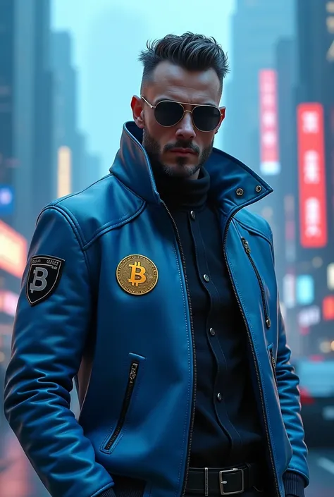 Futuristic cyberpunk businessman leather jacket with bitcoin patch color blue full body 