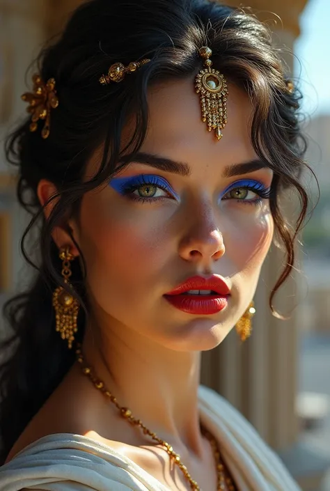 Athena goddess makeup with red lipstick and blue eyeshadow 