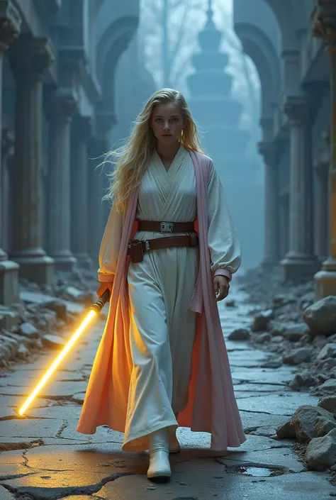  A  girl with long blond hair and blue eyes , dressed in white and pink Jedi robes .  Wear white boots .  She walks with her yellow lightsabre ,  by a concrete path that is cracked and broken.  Around you there are ruins and monuments destroyed . Its a col...