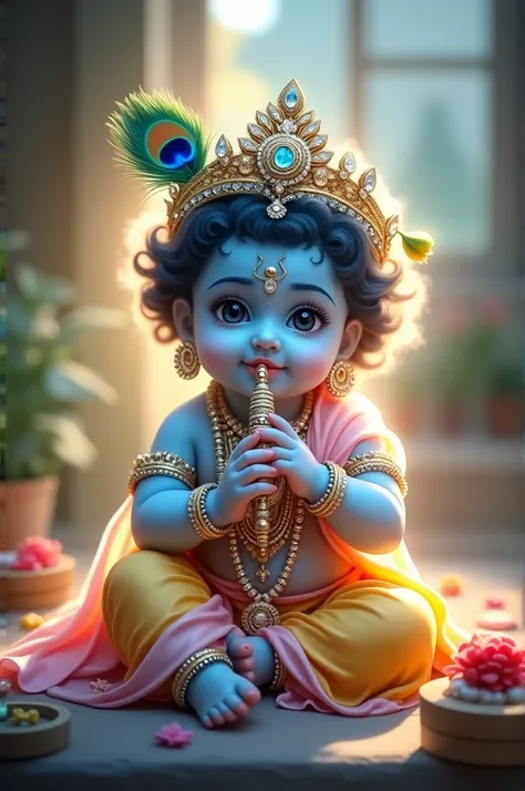 A ************ with glowing light blue skin, representing a divine and serene version of Krishna. The **** is holding a delicate flute and adorned with a majestic diamond crown decorated with a vibrant peacock feather. Intricate and sparkling jewelry surro...