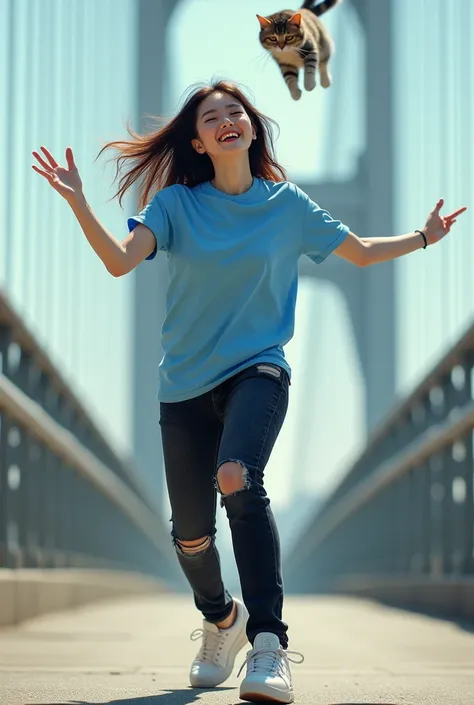 Beautiful Korean woman wearing blue t-shirt image of crab black jeans ripped ripped ,sneakers,  high jump on bridge facing camera laughing loose on top of her there is a jumping cat.ultra Hd realist  