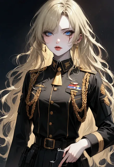 Woman. Around 28 years old. Pale skin. Blonde long hair. Blue eyes. Piercing stare. A scar under her right eye. Wearing a military uniform, black and high rank. With a pistol on holster. Golden adorns on her uniform, like buttons and pins. 