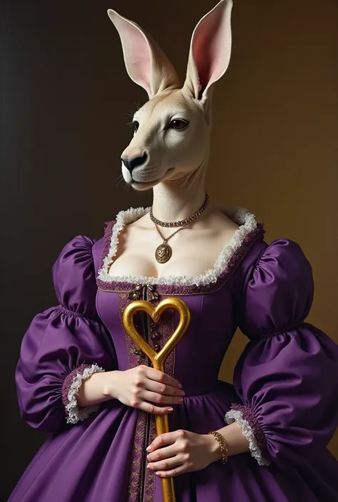 Purple kangaroo queen with huge boobs holding a heart-shaped cane, big boobs, big bust, cleavage, huge bust, huge boobs, Renaissance painting, royal clothing, painterly effect, royalty, bust is large and is too big for dress