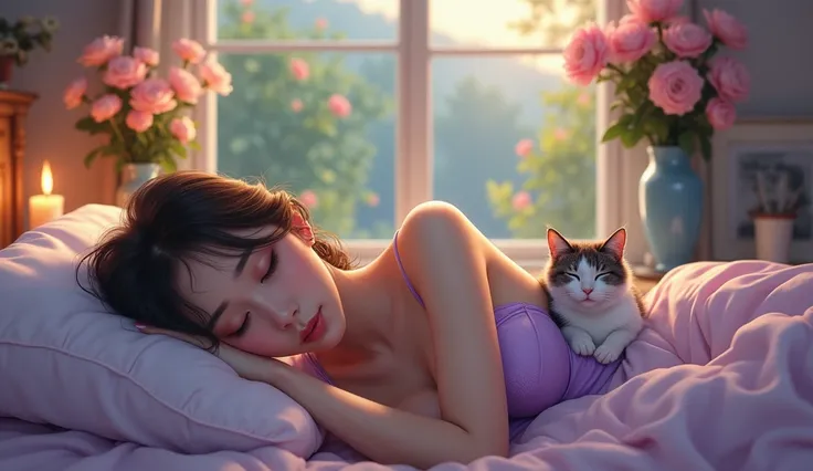 (best qualityer, high resolution:1.2), realistic, colorful lighting,beautifully detailed eyes, long eyelashes, beautifully detailed lips, brown hair, voluptuous Asian woman sleeping, her head on the pillow, big breast, dream-like atmosphere, soft pillows, ...