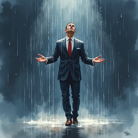 watercolor painting of a man in suit in the rain. full body shot of the man who is soaked under the rain. he tilts his head up to face the rain, the rainwater flows down his face. he is walking in the street, holding his hands out to feel the rain. waterco...