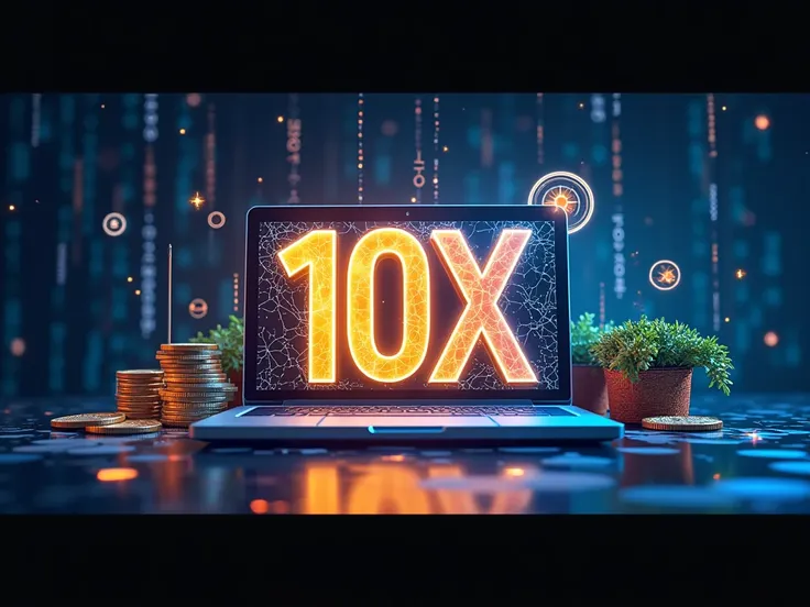 A vibrant and futuristic YouTube banner. The main theme is Make Money Online and AI. A sleek design with a glowing 3D text that reads The 10X Maker, accompanied by AI-themed graphics like neural network patterns, digital coins, and laptops. The color palet...