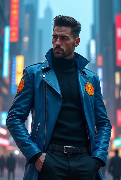 Futuristic cyberpunk businessman leather jacket with bitcoin patch color blue full body 