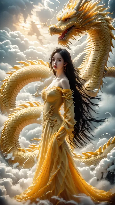 1girl, solo, full body, long hair, breasts, looking at viewer, black hair, yellow skirt, closed mouth, standing, cloud, lips, cloudy, sky, corset, yellow dragon,dragoncb