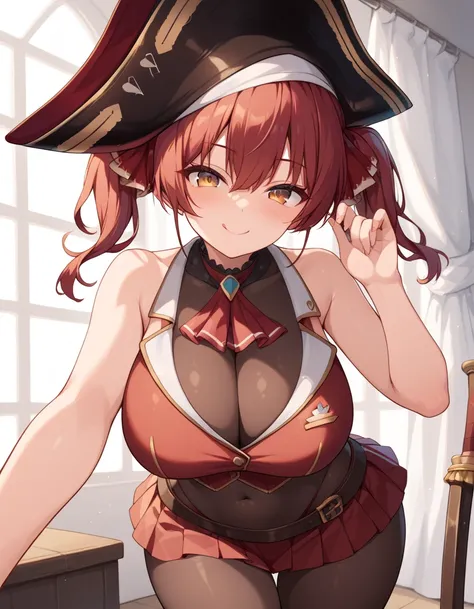 Houshou marine,huge breast,twintail,red short hair,lewd face,look at viewer,body stocking,pirate hat,wide hips,standing,red sleeveless tops,red skirt,at pirate ship,surround by pirate