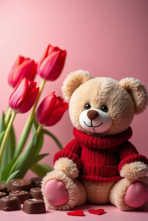  create a high quality image of A4 ,  the colors must be pink and shades must be very romantic, There must be red tulips ,  chocolates and a teddy bear with a red wool sweater , all very romantic , That this is appropriate for use as a background within a ...