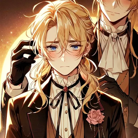 anime image of a couple of people with long hair and a tie, handsome guy , anime key visual of elegant, beautiful androgynous prince, delicate androgynous prince, , Intricately detailed, rokoko, barroco, Warm expression, Anime artstyle depiction of a hands...