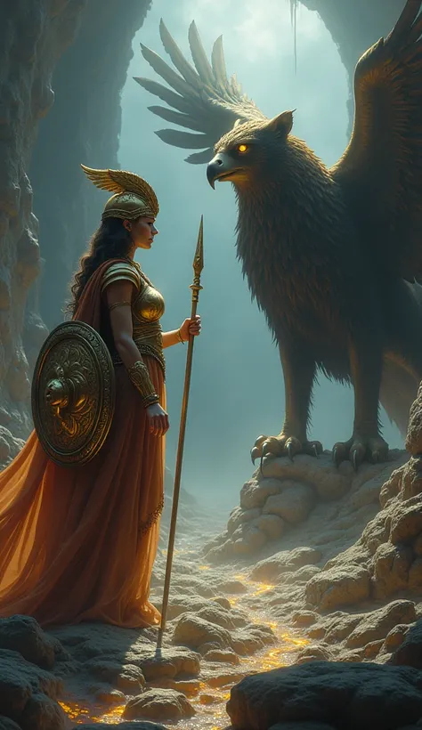 A dramatic and mystical scene in the underworld, where Athena, the Greek goddess of wisdom and war, confronts a majestic Griffon. Athena stands tall and resolute, clad in shimmering golden armor that reflects the faint glow of the underworlds eerie light. ...