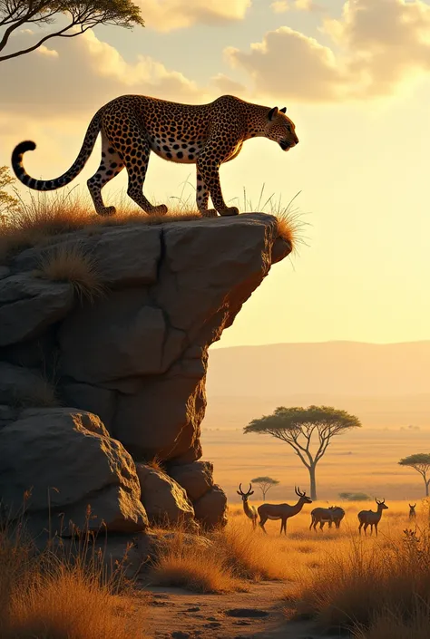 On the rocky slopes of an African savannah, a sleek leopard crouches on a high perch, surveying the open plains below. Its golden coat, dotted with distinctive black rosettes, shimmers under the bright midday sun. The leopard’s long tail sways gently, main...