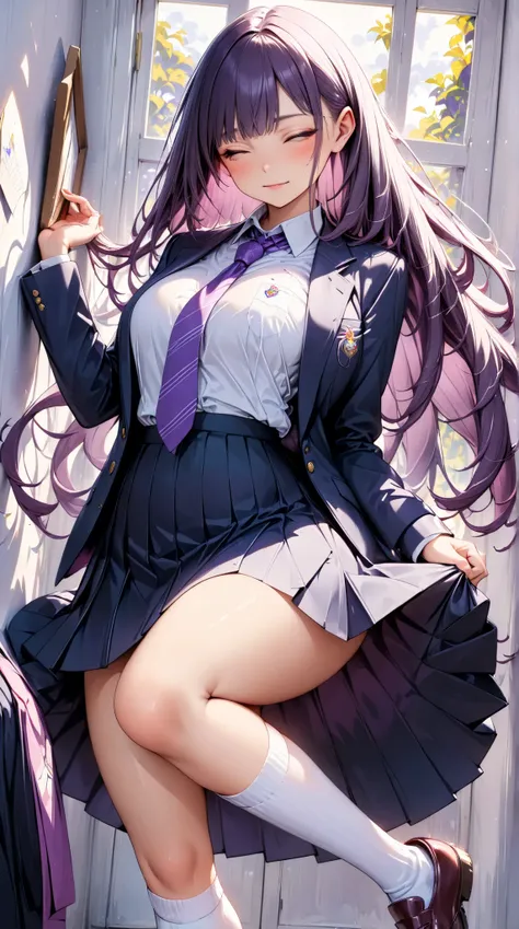 One young and beautiful woman,(masterpiece, top quality, very detailed depiction, Incredibly Absurd High Definition ),(student服, High School Uniform Blazer ,Uniform shirt, high school uniform long skirt,Purple tie, high socks,Shoes),(student, purple eyes, ...