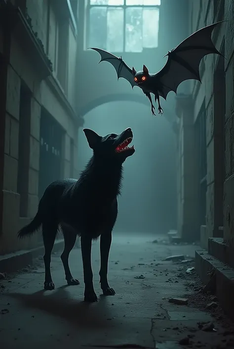 Black dog and black bat in scarry place 