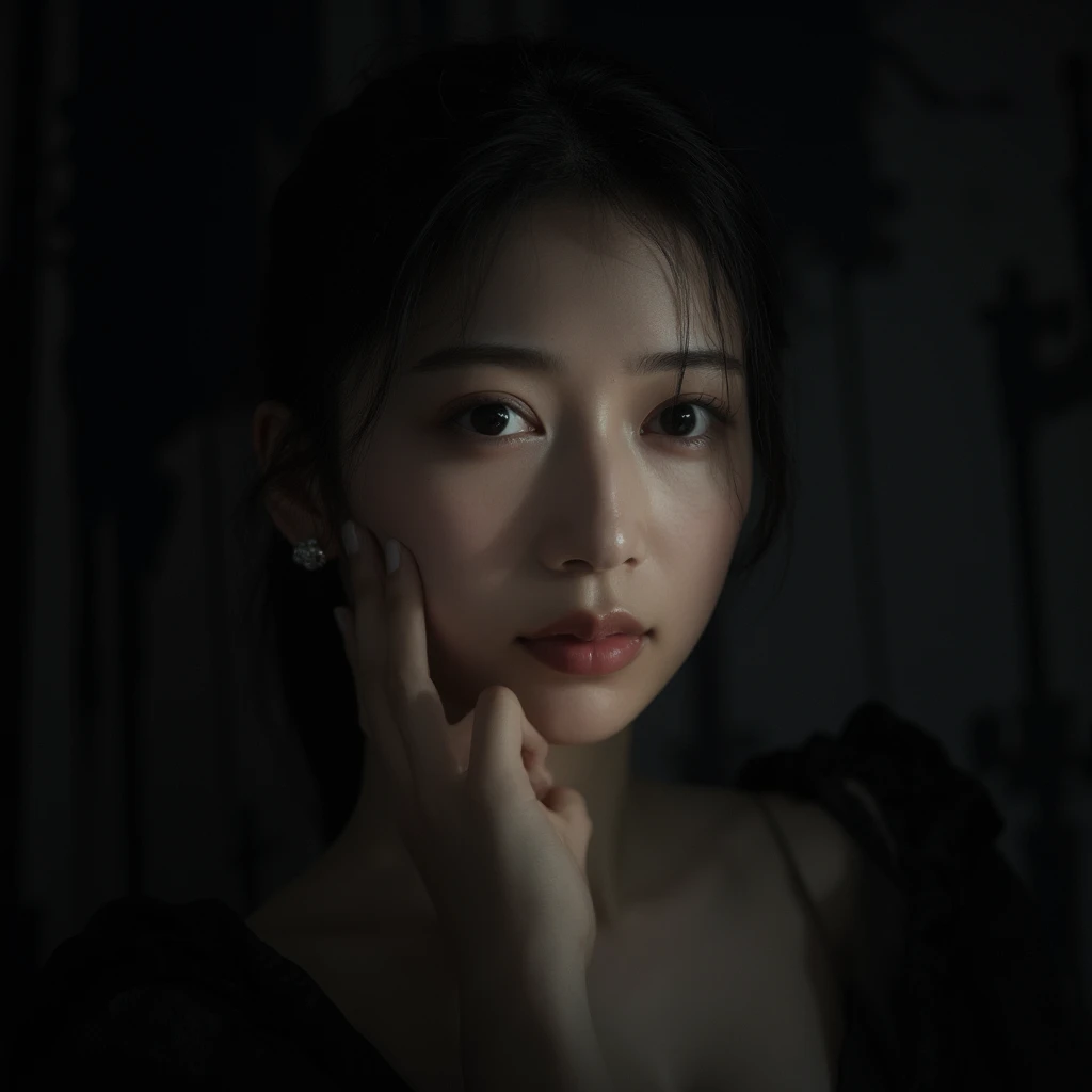 A cute asian woman with a thoughtful expression against a dark background.