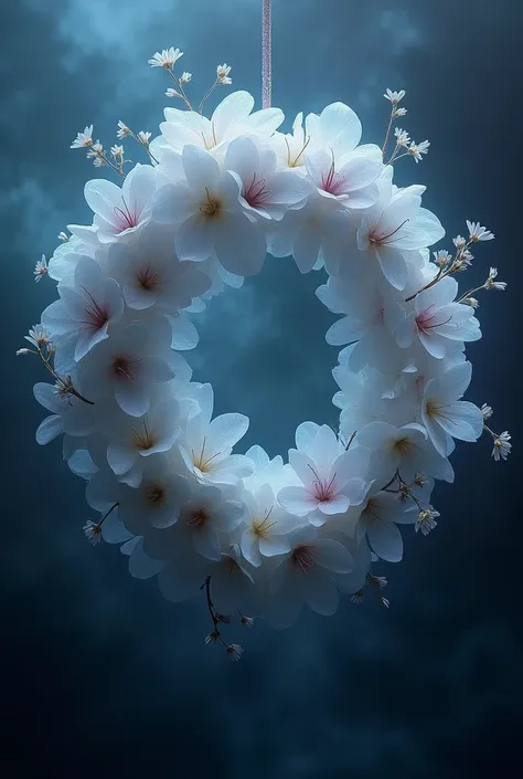 A wreath of ghostly flowers in pale whites and grays, accented by glowing blue and purple hues, suspended in a dark, misty background.