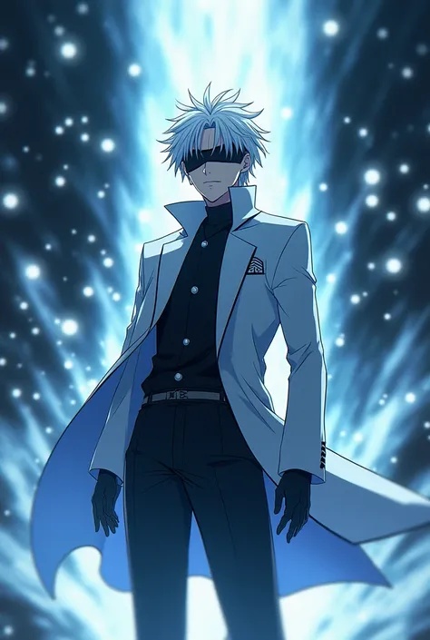 "Satoru Gojo from Jujutsu Kaisen, with his white hair and black blindfold, surrounded by the visual effects of his Limitless technique Infinity. The scene should depict a surreal, space-like environment, with a sense of infinite space and void, glowing par...