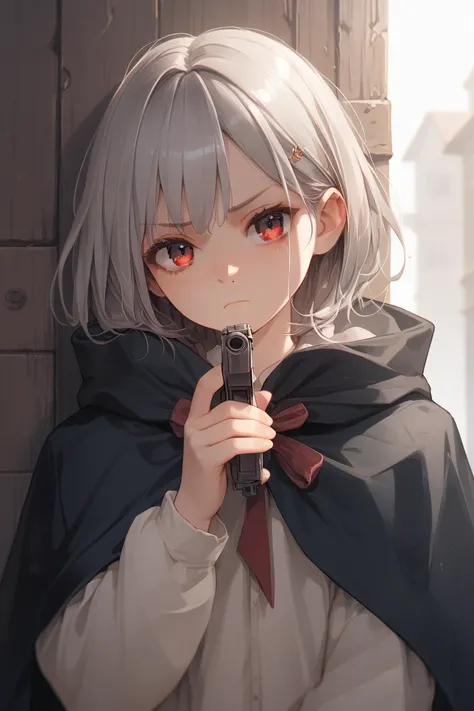 A young teenage girl hiding in her cloak holding a pistol with a frown. She has red eyes and long gray hair. She is in a high school