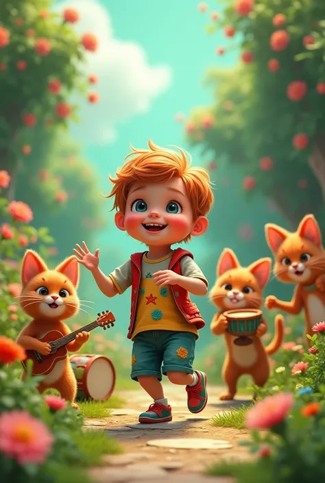 A cute small boy with a drum band cat is dancing in background greenery and beautifulflower picture in 3d with high contrast colors theme like hybrid cartoons change background like a gardan
