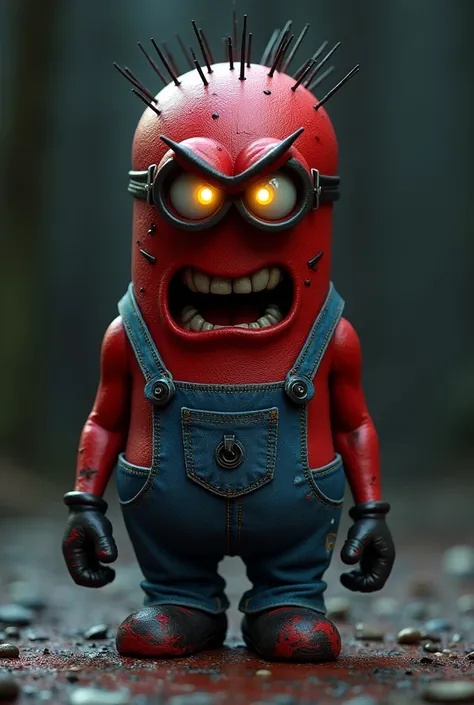 opposite version of a minion character , red skin, blue jeans, evil version 