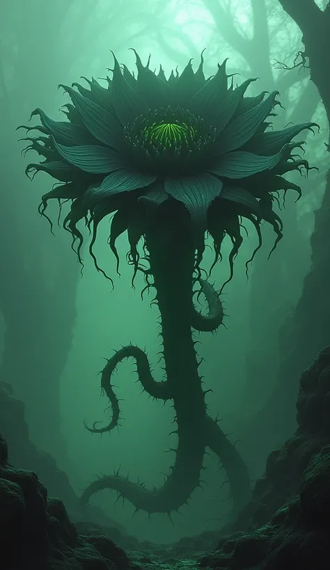 A single, large, black carnivorous flower with glowing green veins, surrounded by thorny vines and shimmering, toxic mist.