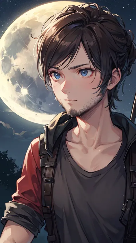 close up of david from last of us at night wiht moon in the background