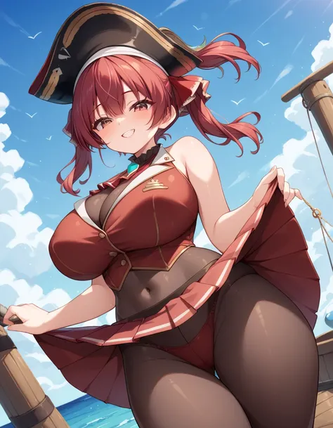 Houshou marine,huge breast,twintail,red short hair,lewd face,look at viewer,body stocking,pirate hat,wide hips,standing,red sleeveless tops,red skirt,at pirate ship,skirt lift