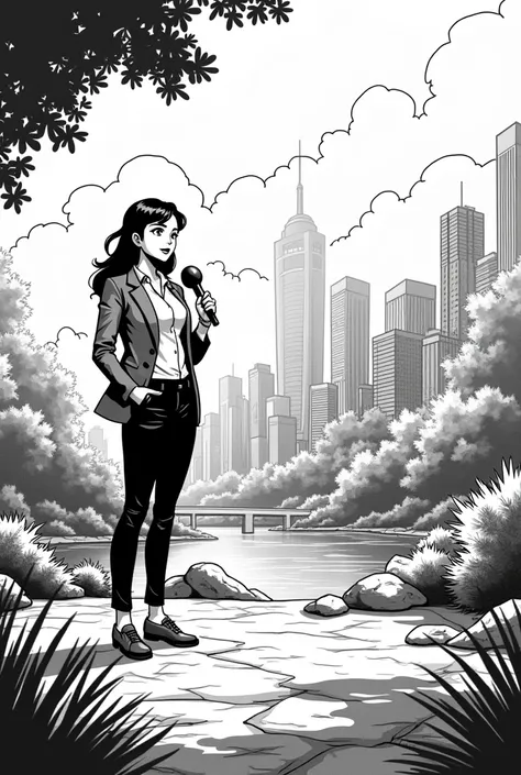 Give me the image of a girl with a microphone doing an outdoor report in black and white and comic style 